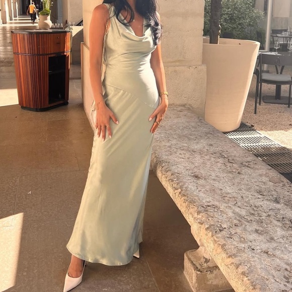 Angelique Satin Cowl Back Maxi Dress - Sage green - Picture 2 of 4
